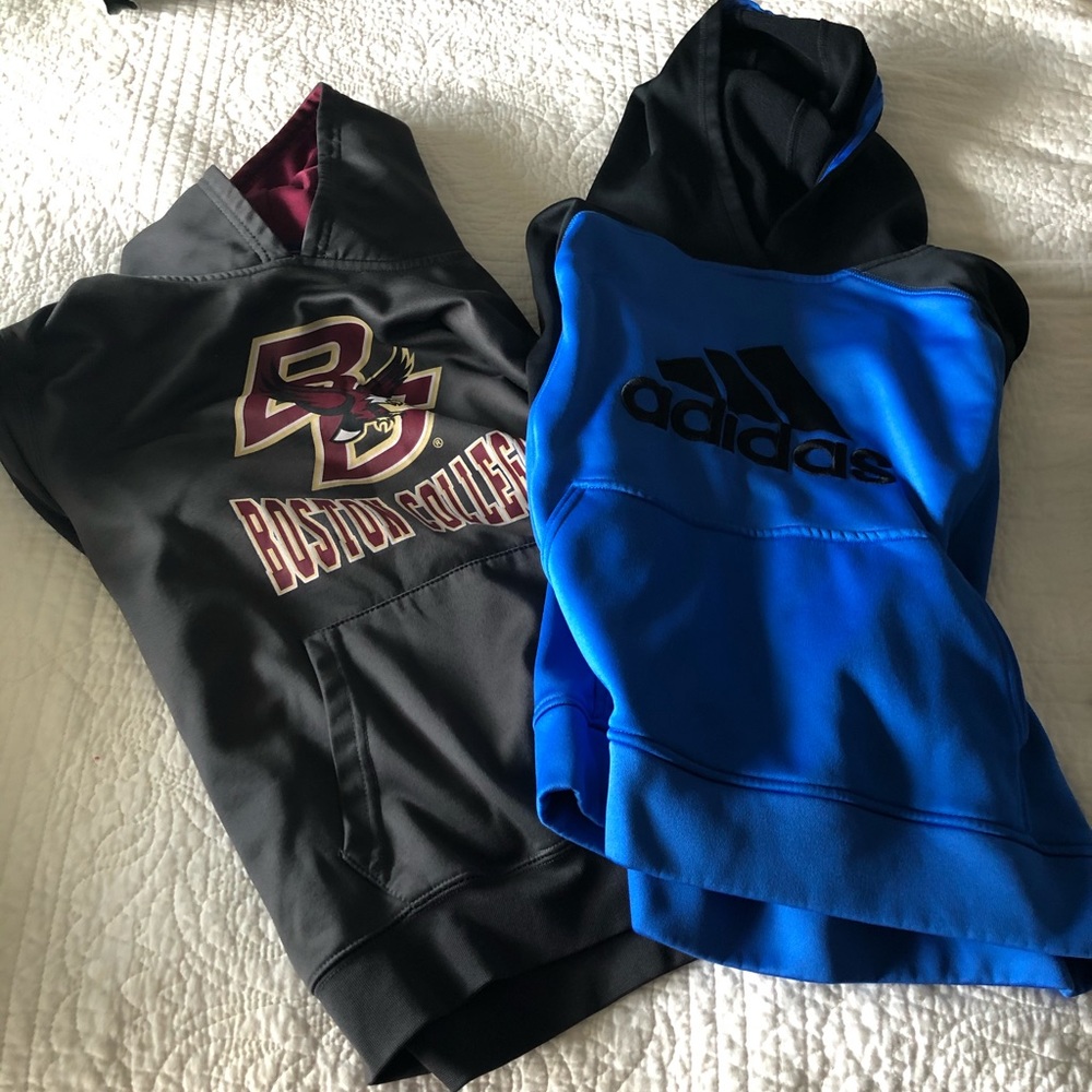 2 boys hoodie and a pair of adidas sweatpants